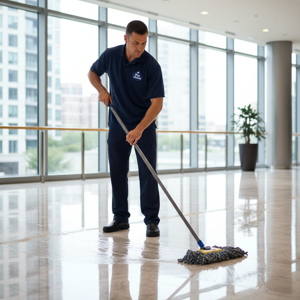 Professional janitor cleaning commercial office floor