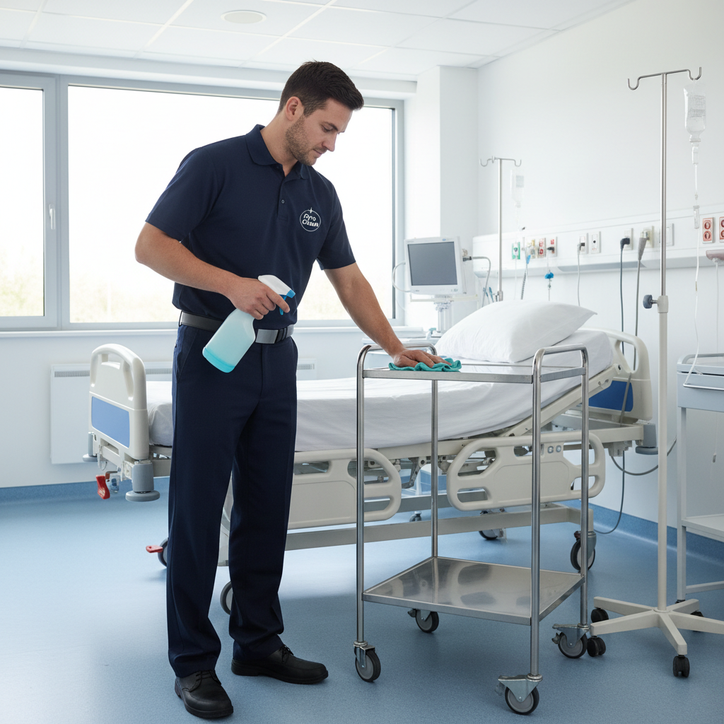 Janitorial staff cleaning hospital medical facility hallway